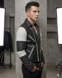 White Black Studded Men Motorcycle Biker Leather Jacket