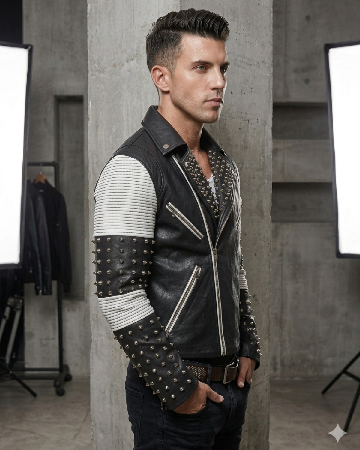 White Black Studded Men Motorcycle Biker Leather Jacket