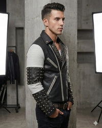 White Black Studded Men Motorcycle Biker Leather Jacket