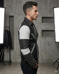 White Black Studded Men Motorcycle Biker Leather Jacket