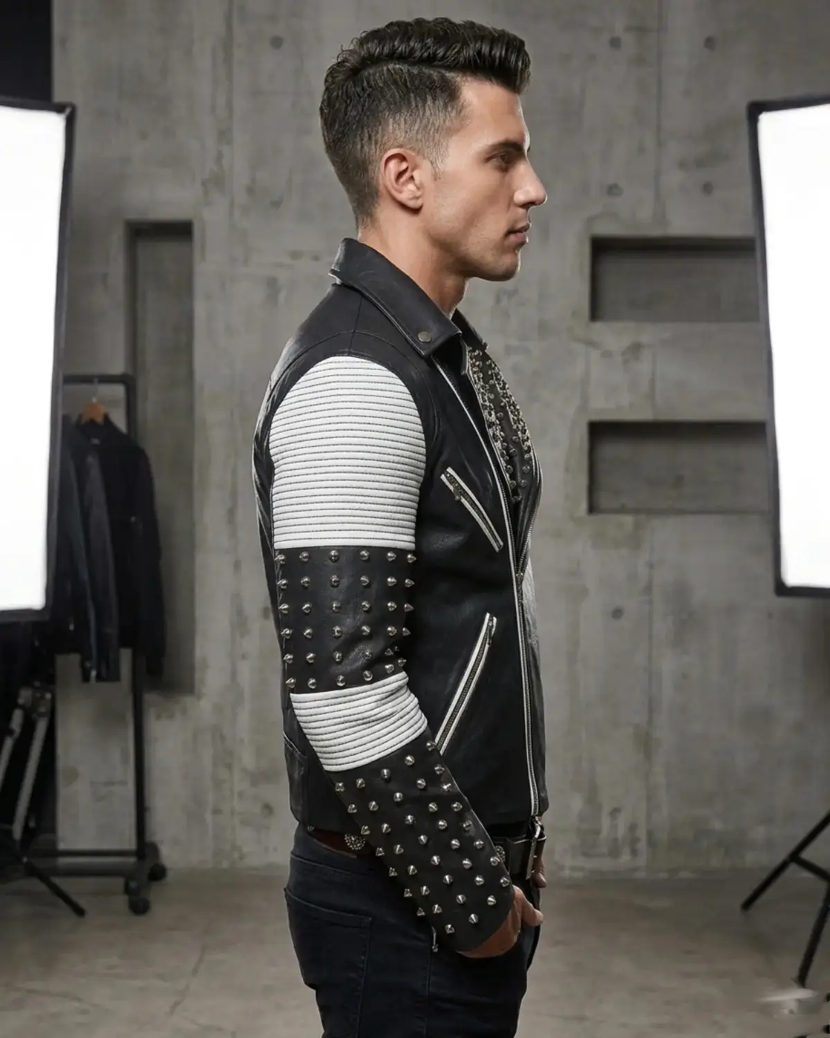 White Black Studded Men Motorcycle Biker Leather Jacket