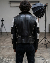 White Black Studded Men Motorcycle Biker Leather Jacket