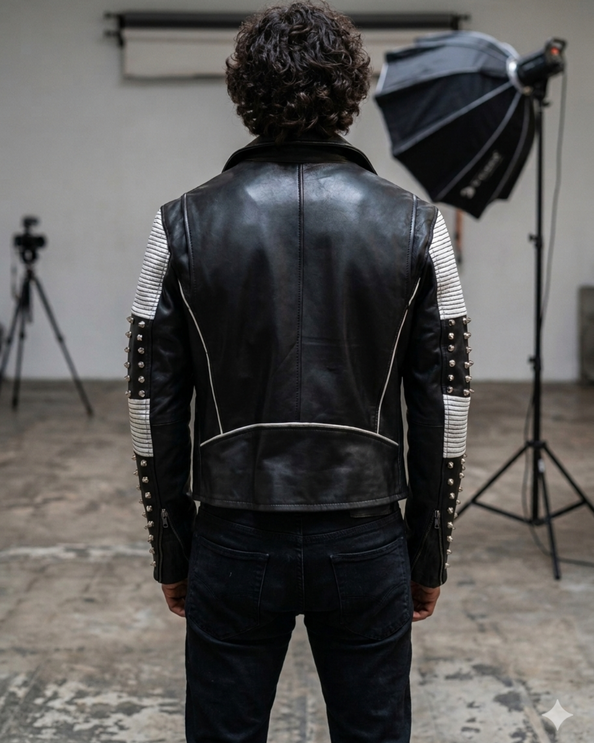 White Black Studded Men Motorcycle Biker Leather Jacket