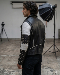 White Black Studded Men Motorcycle Biker Leather Jacket