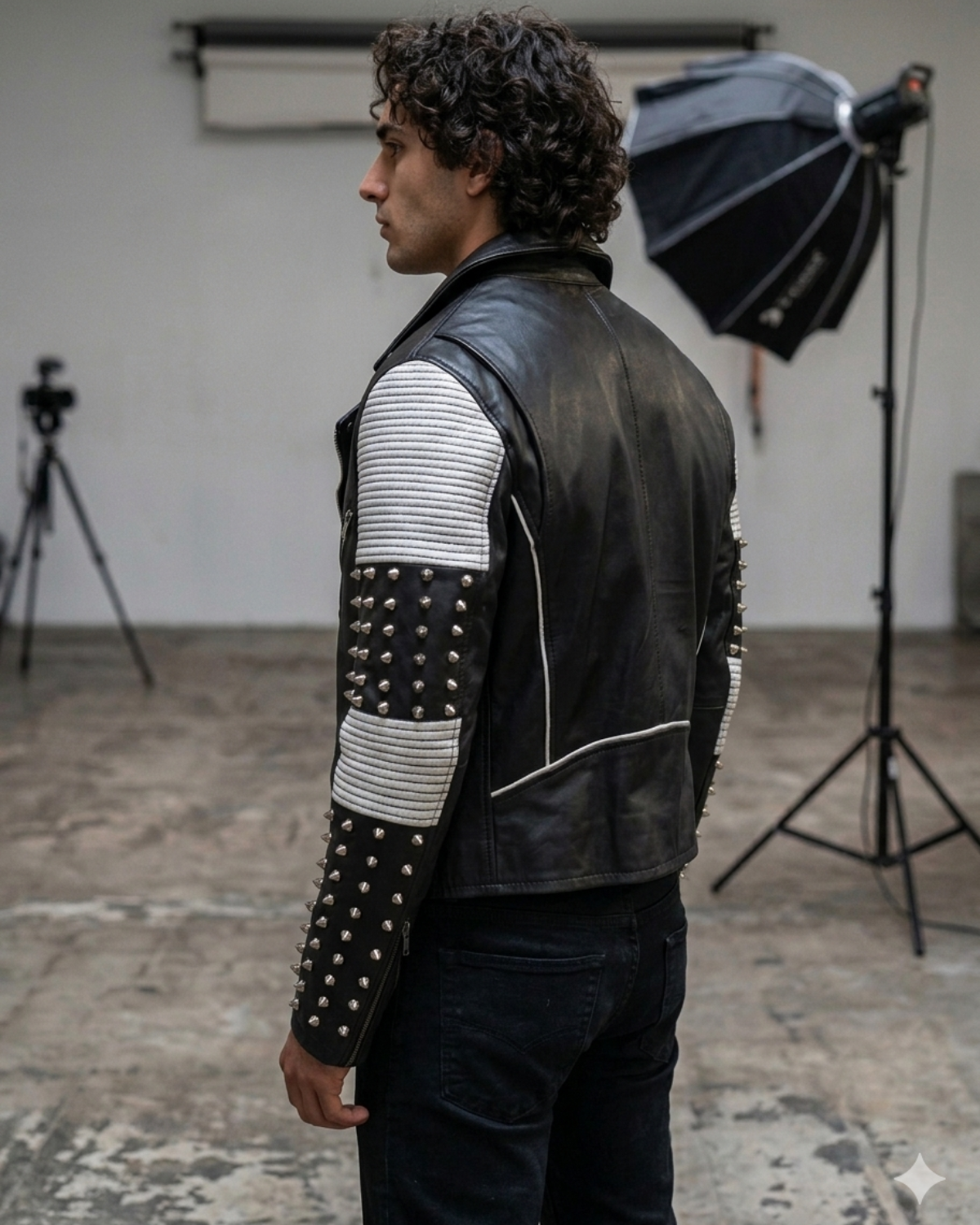 White Black Studded Men Motorcycle Biker Leather Jacket