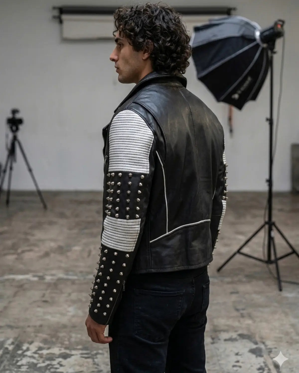 White Black Studded Men Motorcycle Biker Leather Jacket