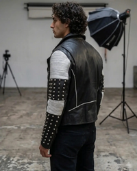 White Black Studded Men Motorcycle Biker Leather Jacket