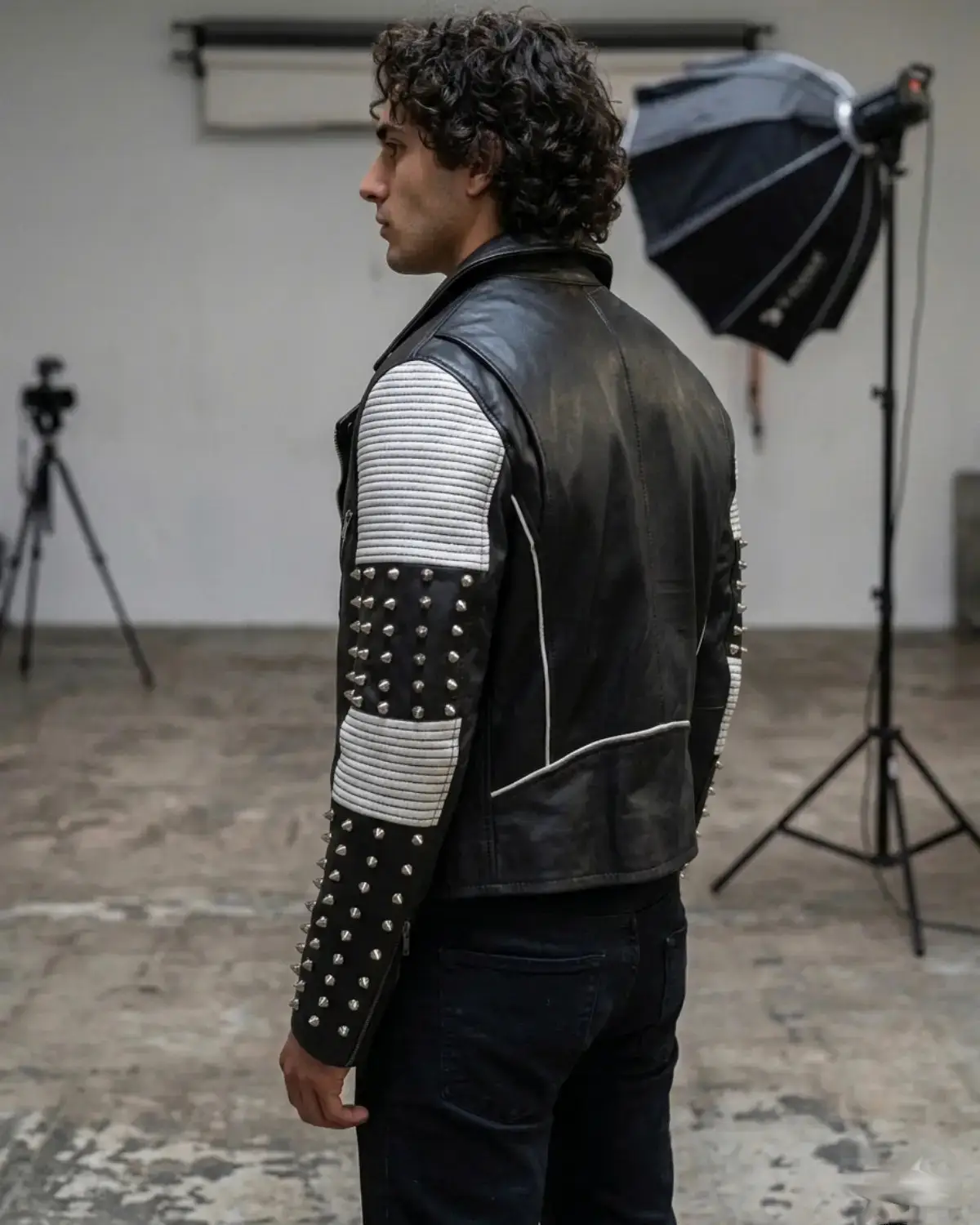 White Black Studded Men Motorcycle Biker Leather Jacket