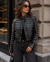 Women's Black Studded Spike  geniune Leather Biker Jacket –