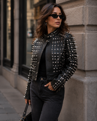 Women's Black Studded Spike  geniune Leather Biker Jacket –