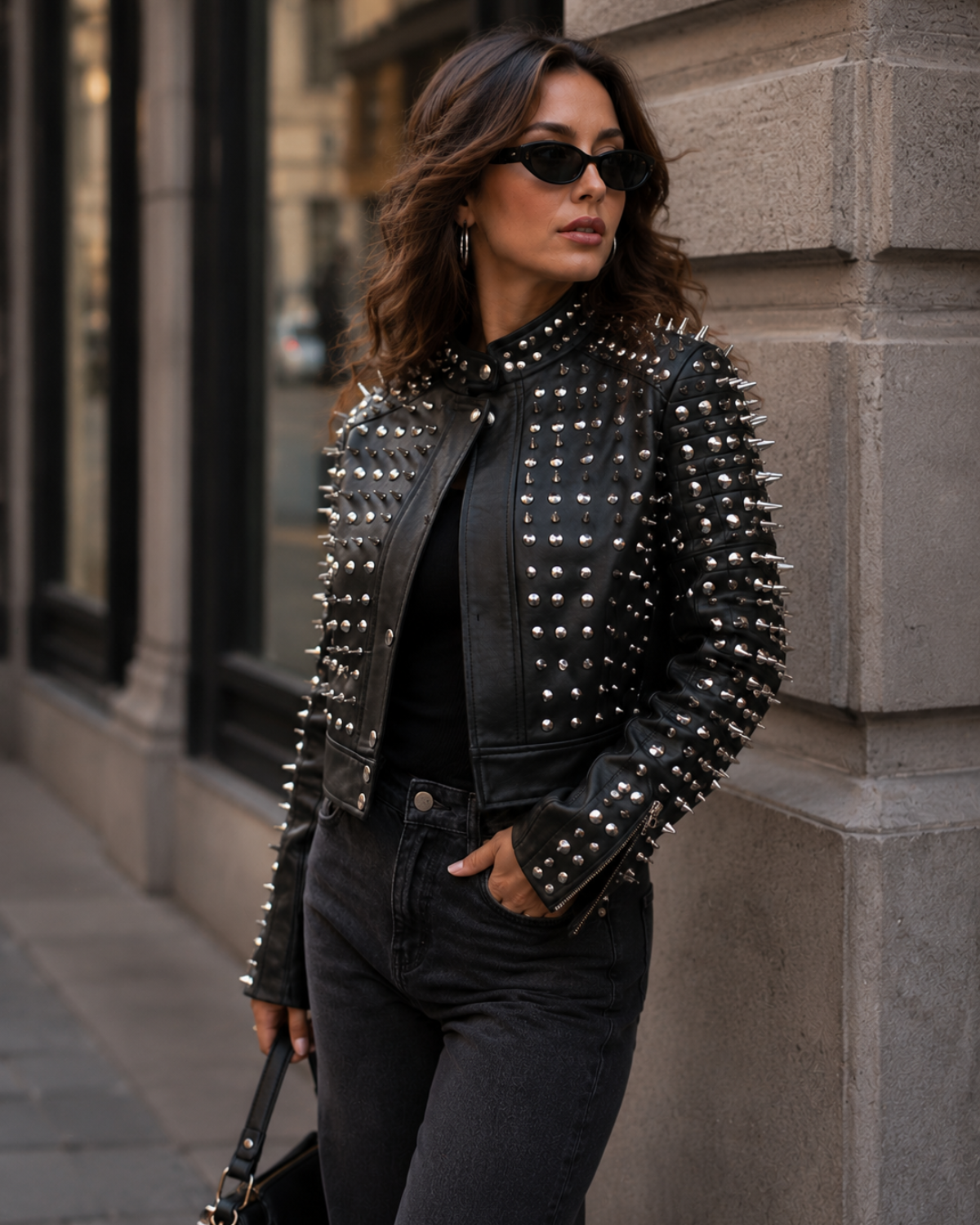 Women's Black Studded Spike  geniune Leather Biker Jacket –