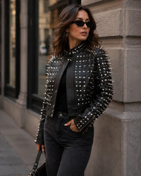 Women's Black Studded Spike  geniune Leather Biker Jacket –