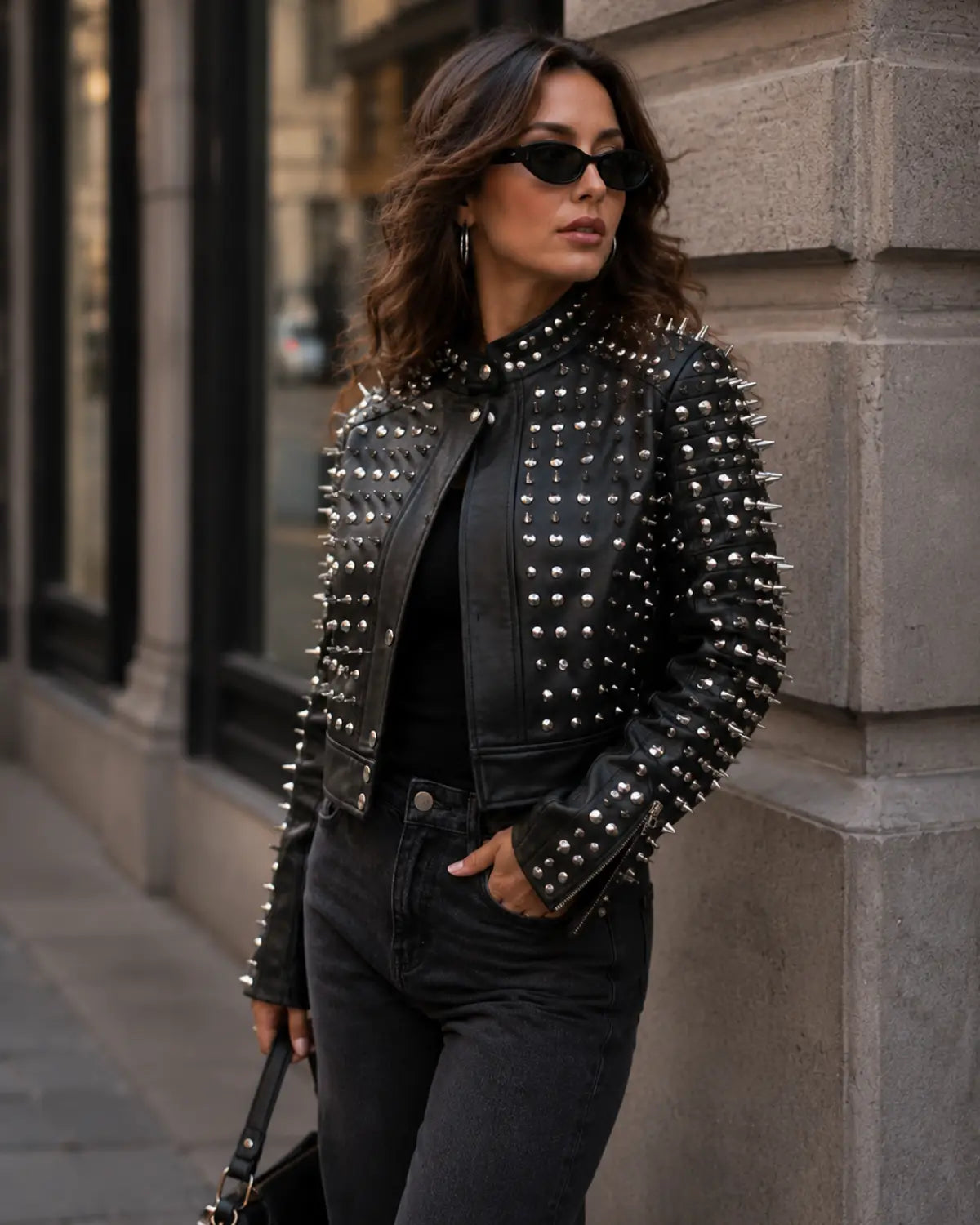 Women's Black Studded Spike  geniune Leather Biker Jacket –
