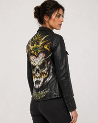 Limited Edition Hand Painted Women Devil face  Leather Jacket