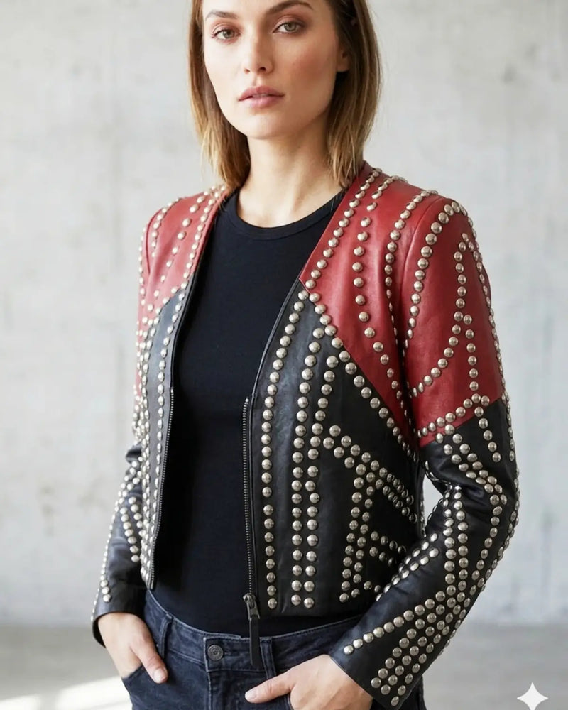 Conical Multi Studded Leather Women Jacket 