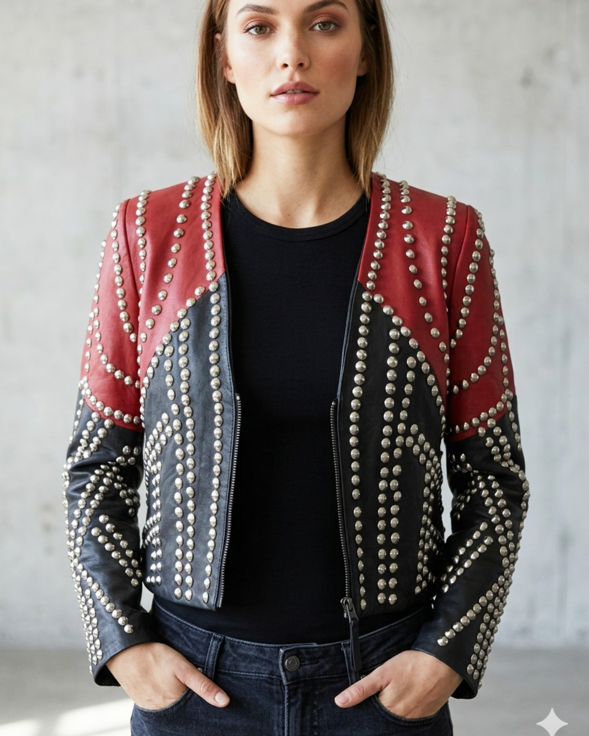 Leather Conical Multi Studded Woman Jacket
