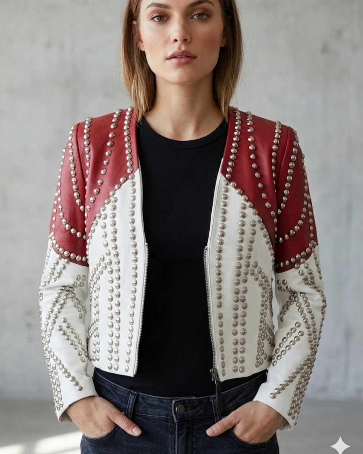 Leather Conical Multi Studded Woman Jacket