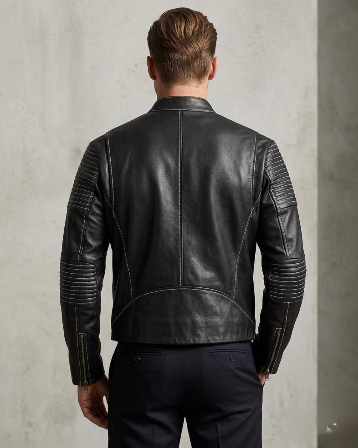 Men's Black Genuine Leather Biker Jacket with Quilted Sleeves with  Stand Collar