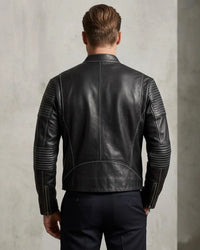 Men's Black Genuine Leather Biker Jacket with Quilted Sleeves with  Stand Collar