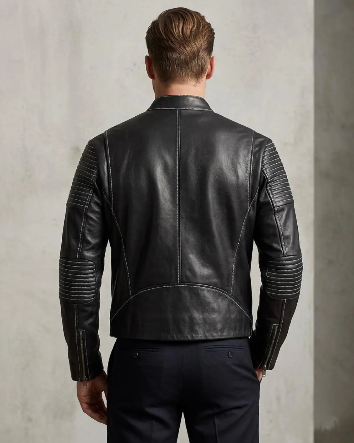 Men's Black Genuine Leather Biker Jacket with Quilted Sleeves with  Stand Collar