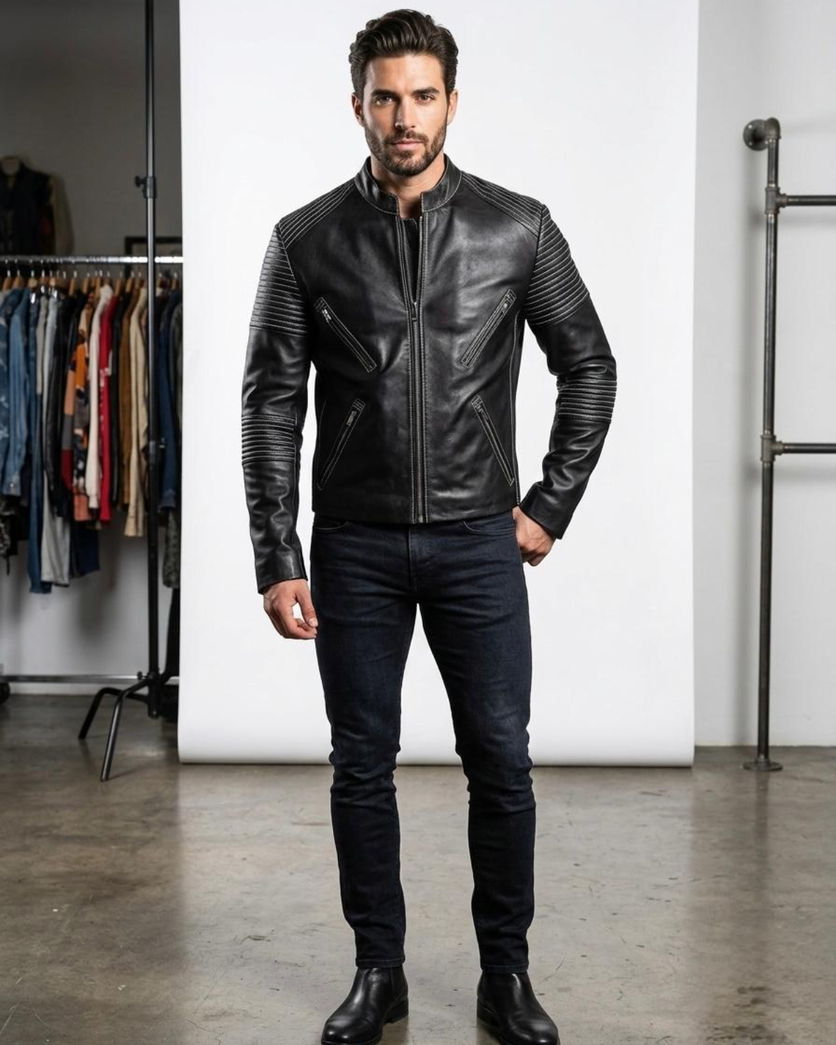Men's Black Genuine Leather Biker Jacket with Quilted Sleeves with  Stand Collar