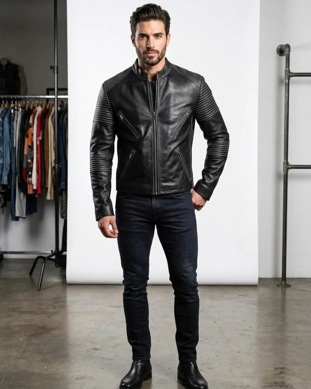 Men's Black Genuine Leather Biker Jacket with Quilted Sleeves with  Stand Collar