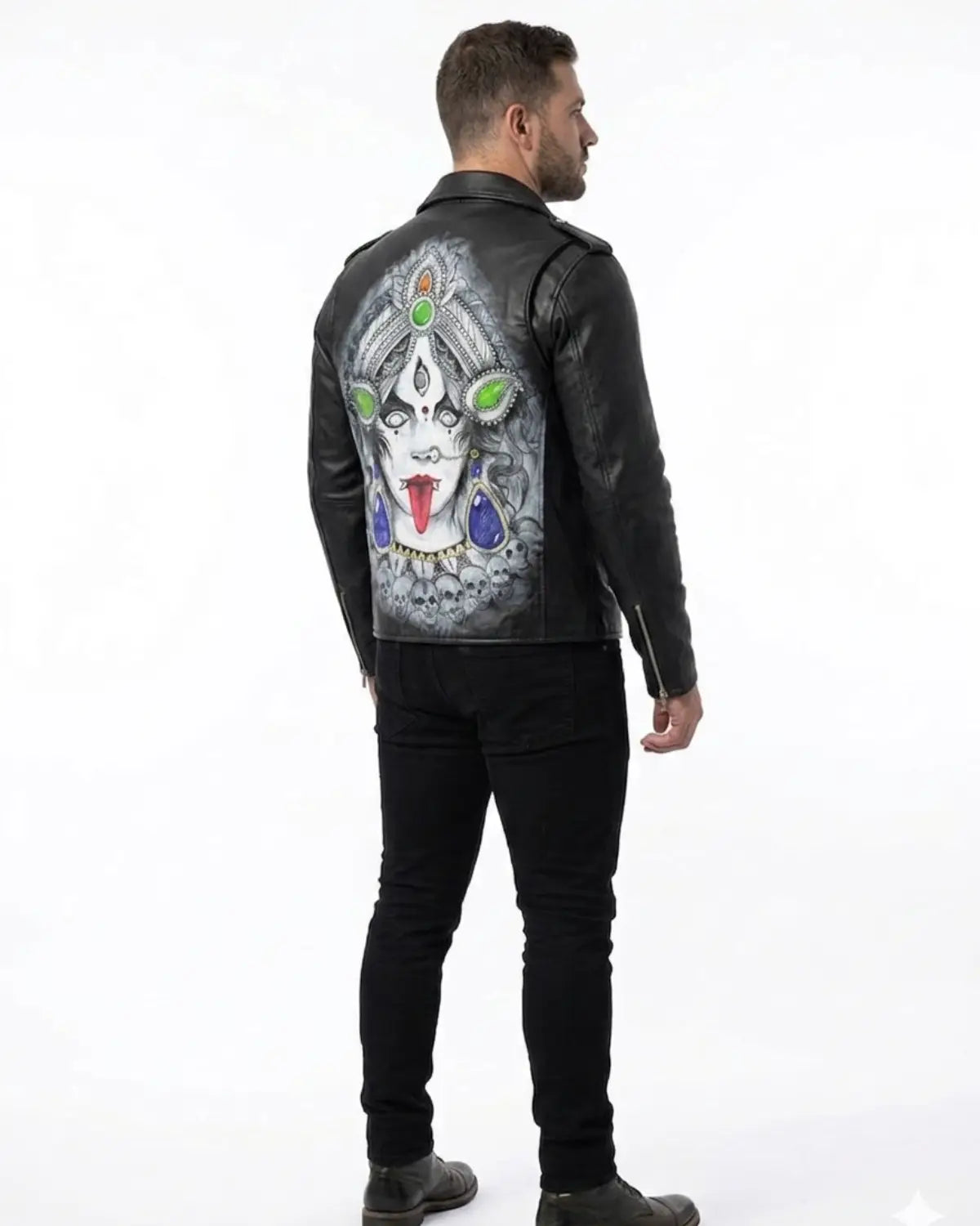 DIVINE KALI HAND-PAINTED BLACK MENS LEATHER BIKER JACKET