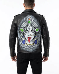 Black leather jacket with a colorful graphic design on the back, worn by a person.
