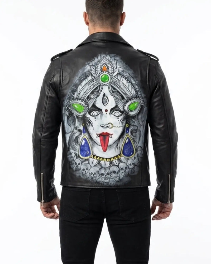 Black leather jacket with a colorful graphic design on the back, worn by a person.