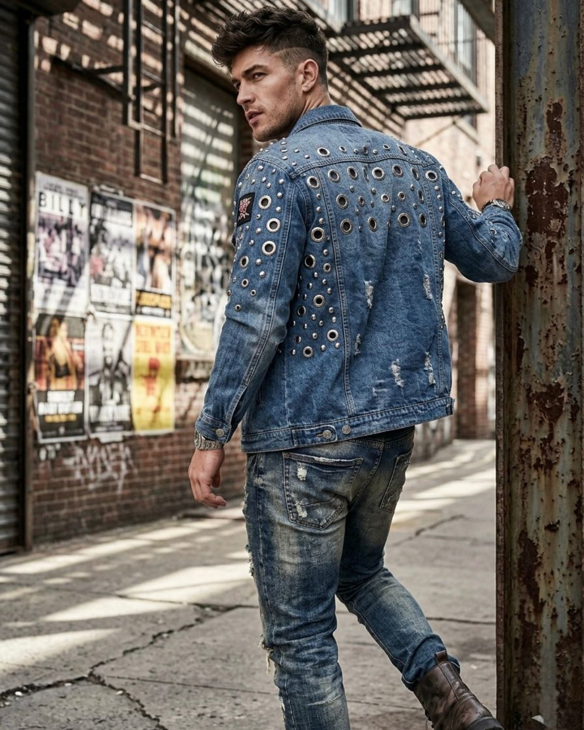 Handmade Rivet & Grommet Denim Street wear Jacket for Men Streetwear