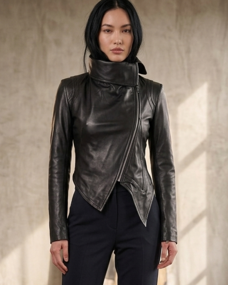 Designer asymmetric leather Jacket 