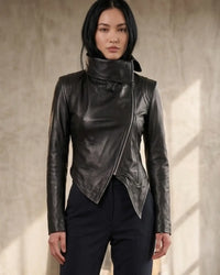 Designer Hand Made Asymmetrical Front Women Leather Jacket with High Neck Collars