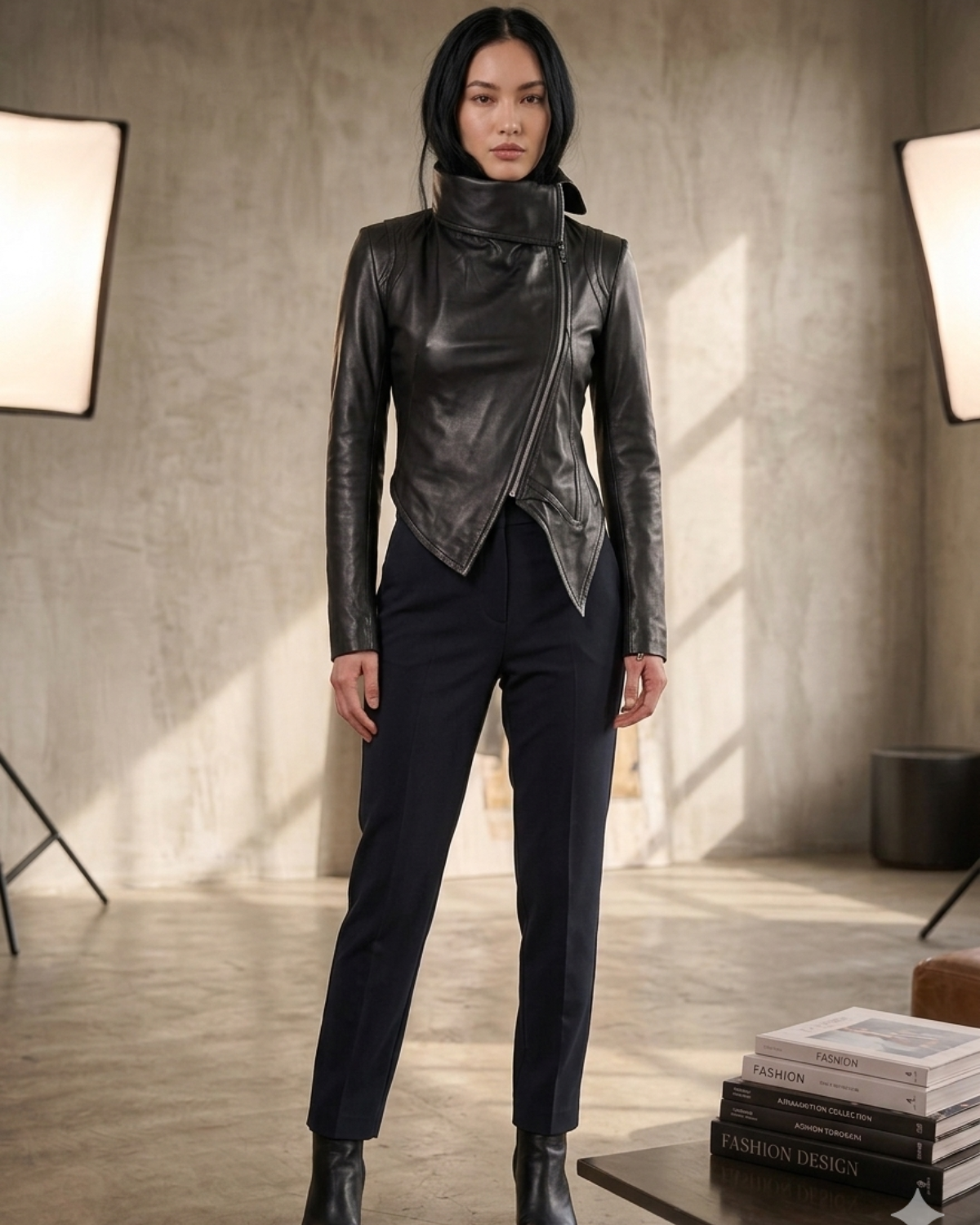 Designer asymmetric leather Jacket 