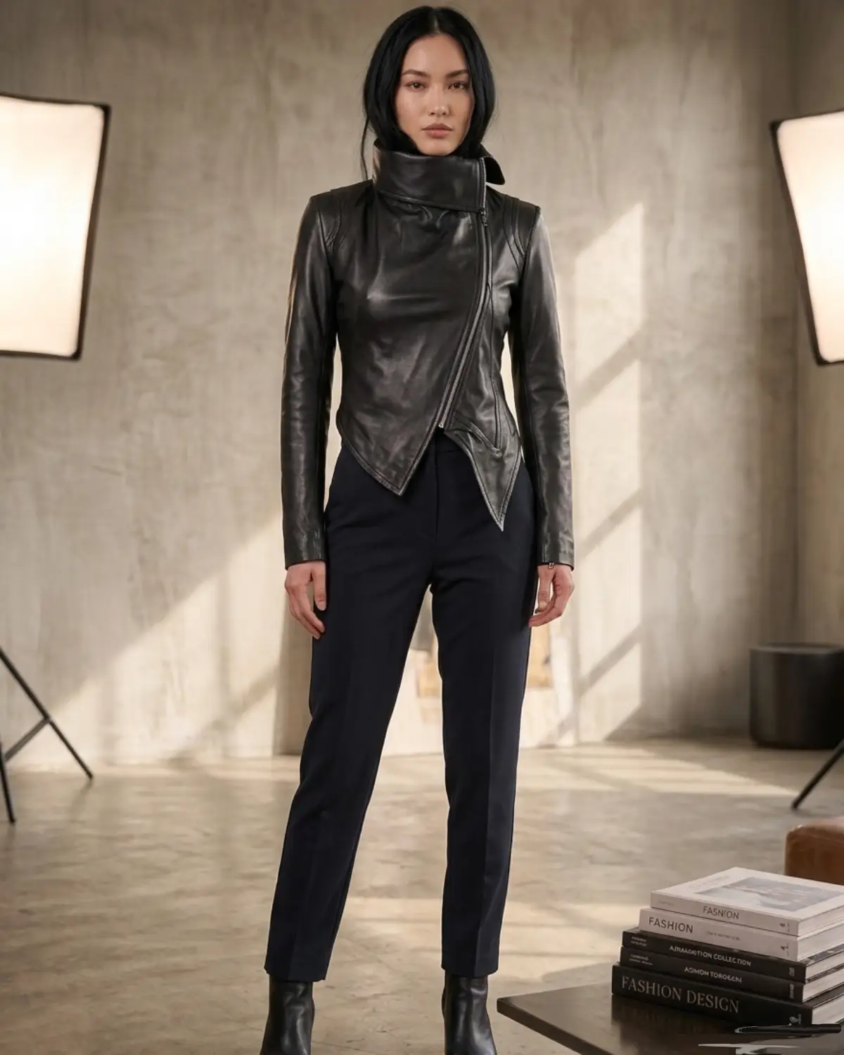 Designer Hand Made Asymmetrical Front Women Leather Jacket with High Neck Collars