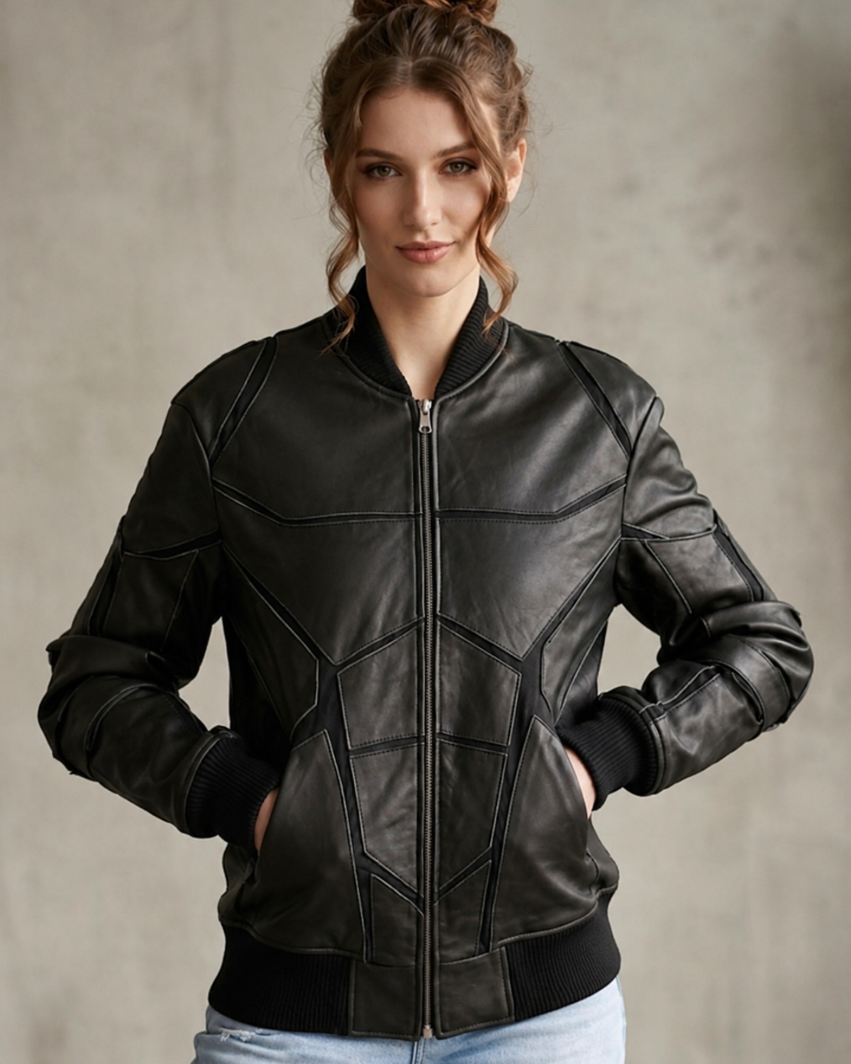 Designer Black Leather Bomber Jacket – Modern Geometric Edition