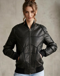 Designer Black Leather Bomber Jacket – Modern Geometric Edition Women