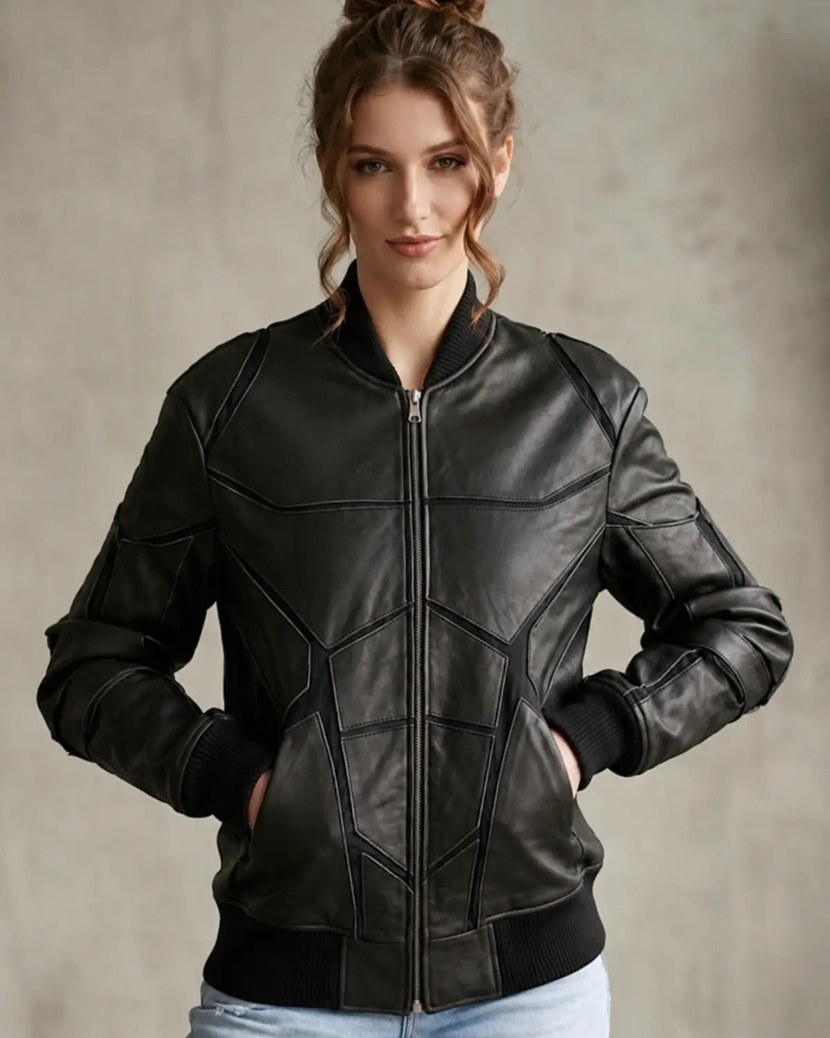 Designer Black Leather Bomber Jacket – Modern Geometric Edition Women