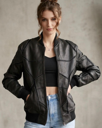 Designer Black Leather Bomber Jacket – Modern Geometric Edition