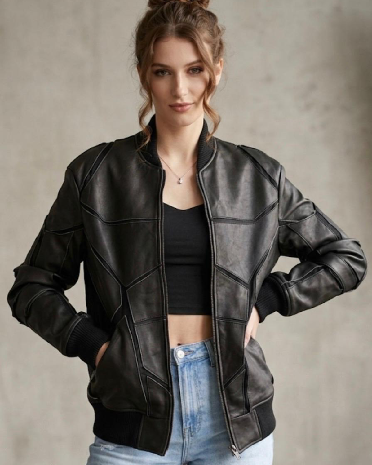 Designer Black Leather Bomber Jacket – Modern Geometric Edition