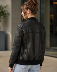 Designer Black Leather Bomber Jacket – Modern Geometric Edition