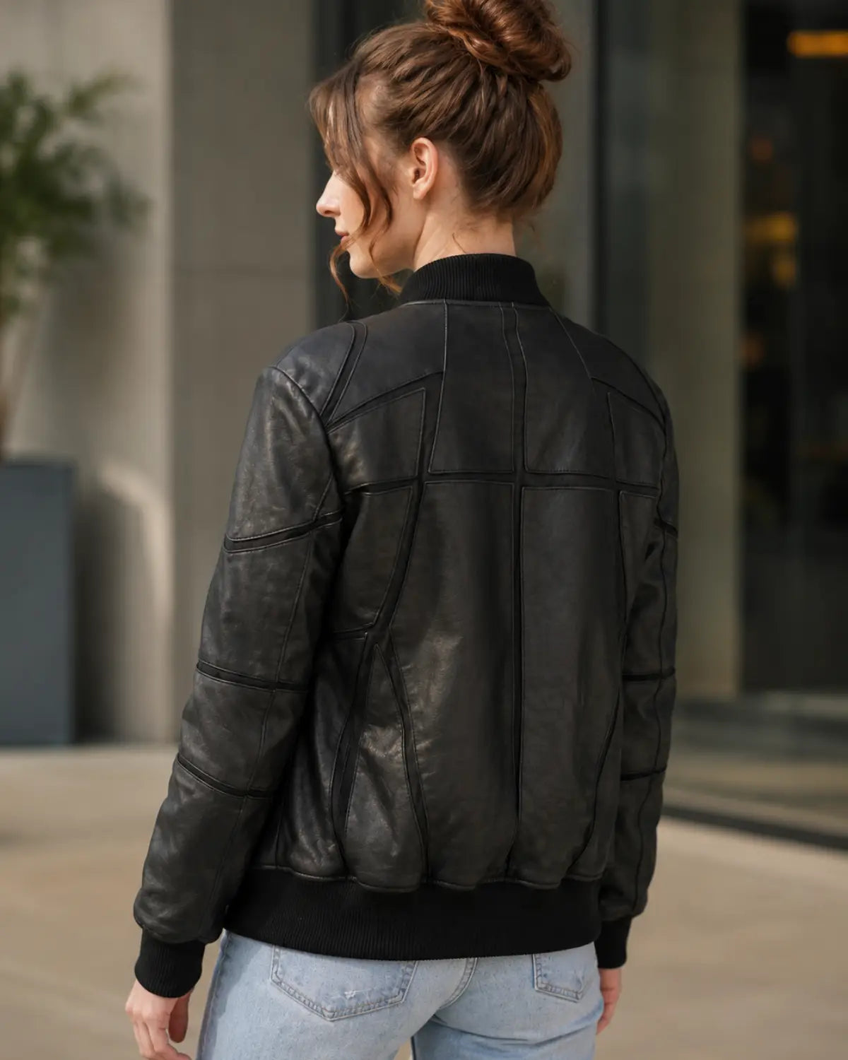 Designer Black Leather Bomber Jacket – Modern Geometric Edition Women