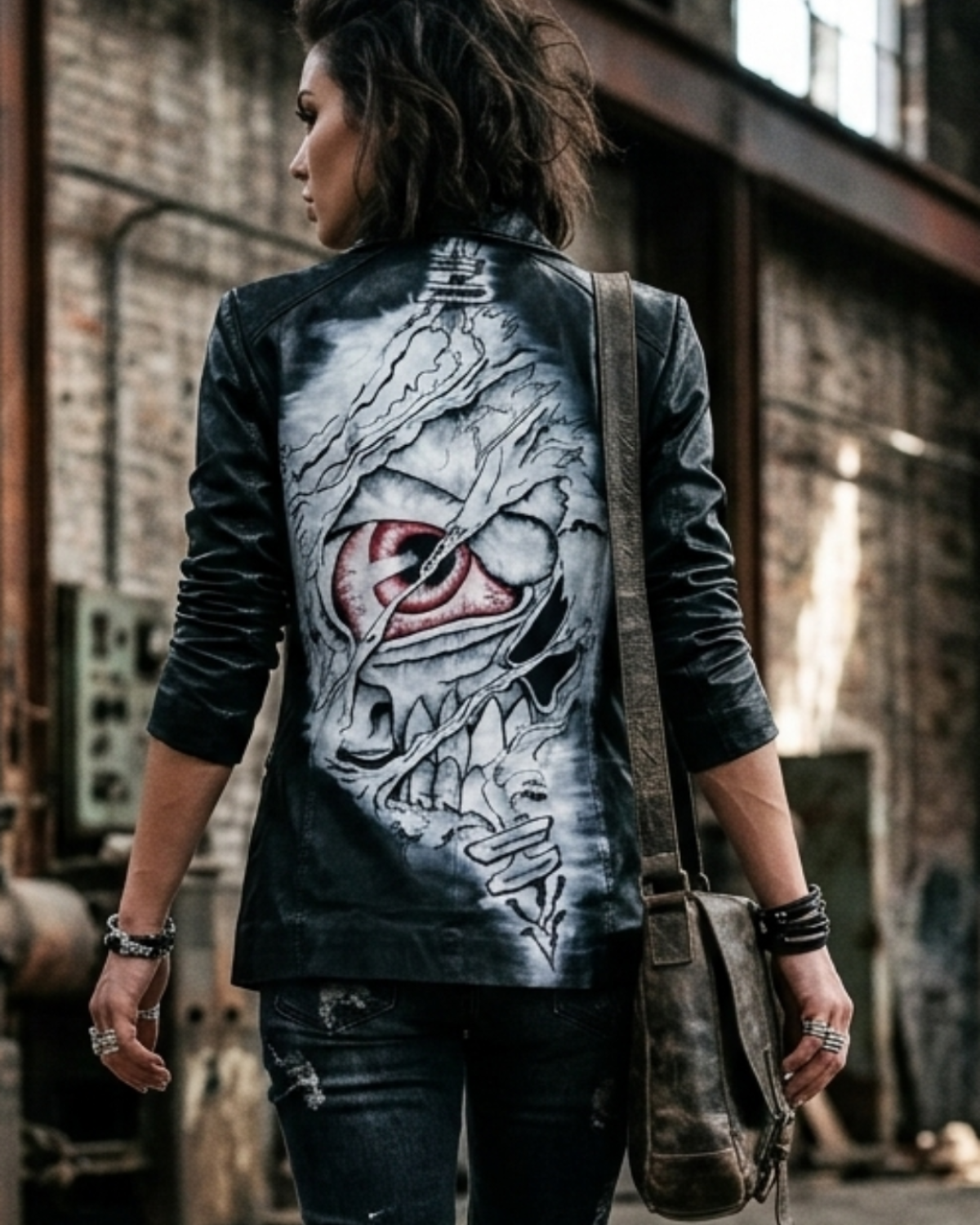 Limited Edition Hand Painted Eye Skull Women leather jacket