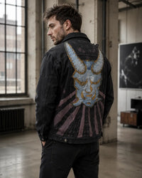 Handmade Devil Patchwork Denim Jacket – Unisex Reworked Denim Jacket