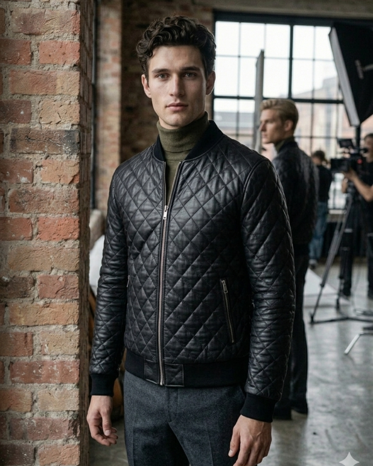 Men Leather Bomber Jacket with Designer Diamond Quilted