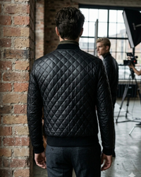 Men Leather Bomber Jacket with Designer Diamond Quilted