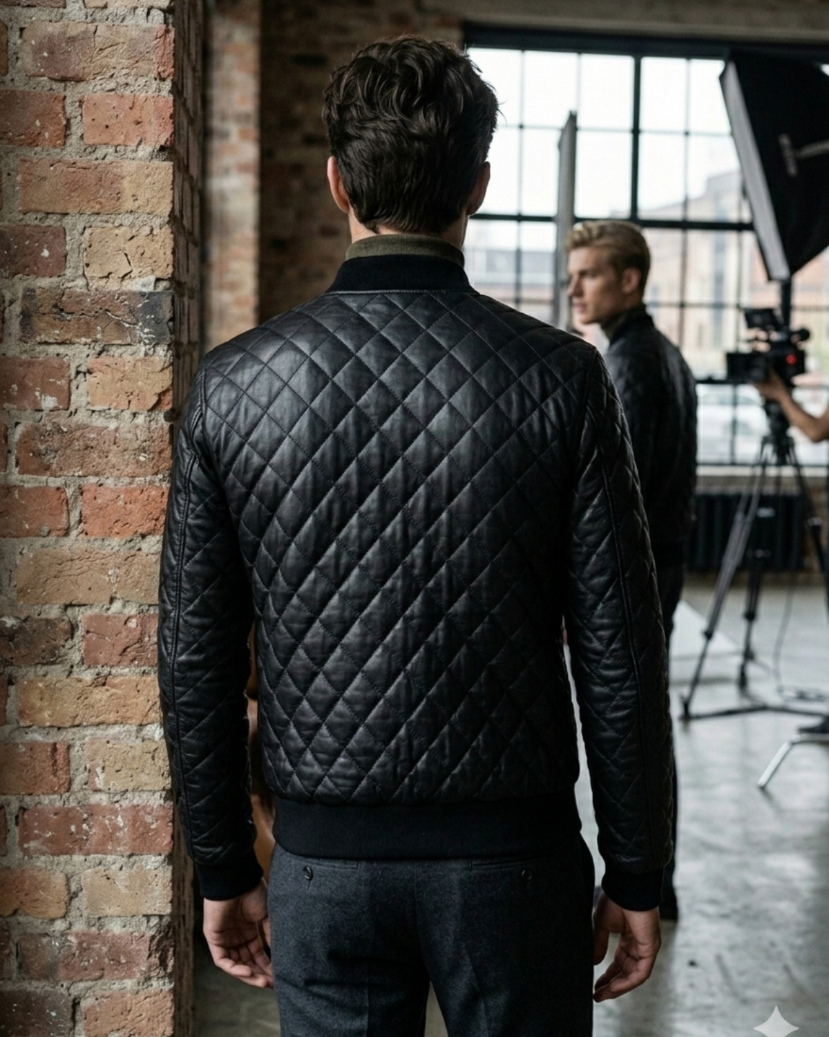 Men Leather Bomber Jacket with Designer Diamond Quilted
