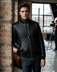 Men Leather Bomber Jacket with Designer Diamond Quilted
