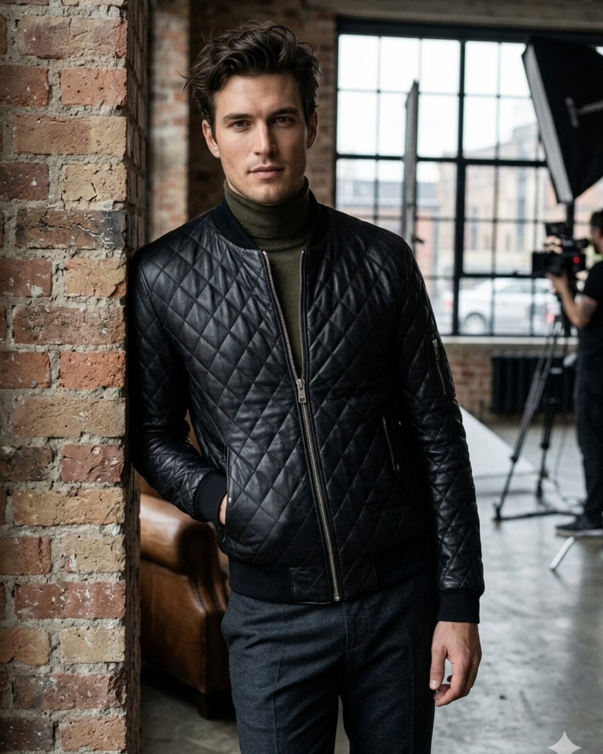 Men Leather Bomber Jacket with Designer Diamond Quilted