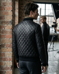Men Leather Bomber Jacket with Designer Diamond Quilted