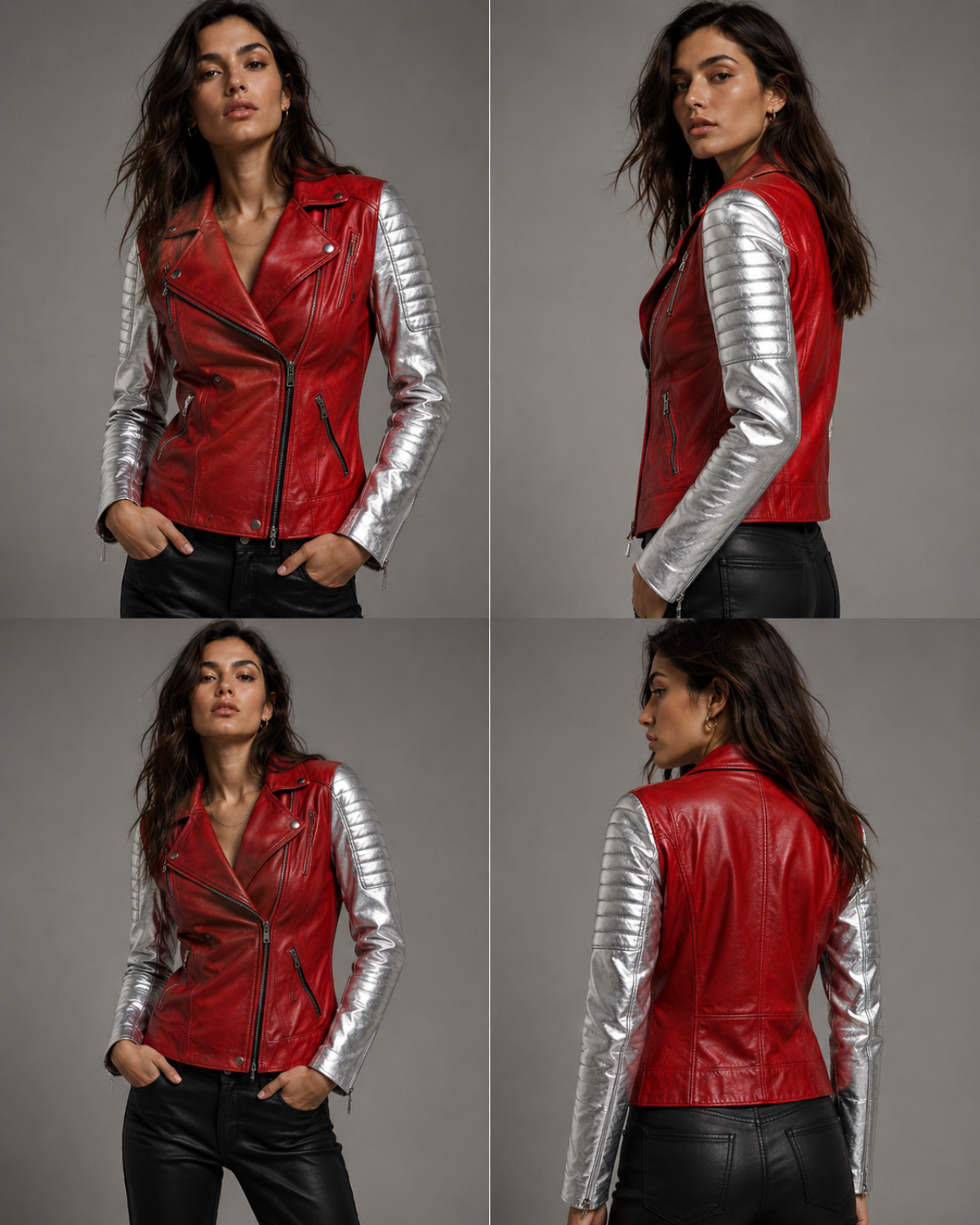 Leather Christmas Vintage Motorcycle Biker Women Jacket with Metallic Silver Padded Sleeve